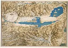Carte dessinée en couleurs et comportant notamment deux pièces d'eau et divers cours d'eau.
