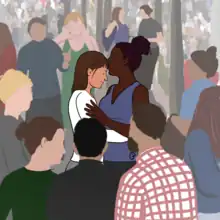 Dessin représentant un couple lesbien dans la rue tandis qu'un groupe de personnes à l'air hostile les entoure