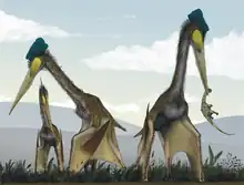 Vue d'artiste d'un groupe de Quetzalcoatlus northopi se nourrissant à terre.