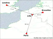 Schéma cartographique montrant la durée des trajets en train depuis Lille : Paris, Bruxelles et Londres.