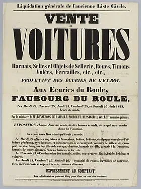 Vente des voitures royales organisée après la révolution de 1848 dans les écuries royales.