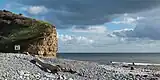 La plage de Llantwit Major, avec des falaises caractéristiques de l'époque géologique du Blue Lias (en) (voir Jurassique inférieur), dans une atmosphère tempétueuse. La mer a déposé un tronc d'arbre sur les galets. Octobre 2023.