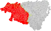 Pyrénées-Atlantiques : limites sud et ouest de l'Occitanie (ligne jaune).Exclave occitanophone au sein du Pays basque (pointillés jaunes). La Communauté d'agglomération du Pays Basque (en rouge).La limite des provinces basques historiques (pointillés verts).