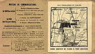Publicité pour un lotissement vers 1904-1905, mettant en valeur la qualité de sa desserte en transports en commun.Lotissement et desserte par les transports en commun de banlieue étaient, au XIXe siècle et au début du XXe siècle, des éléments interdépendants.