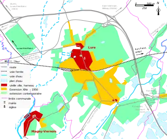 Vue d'une carte en couleur représentant les étapes de développement du bâti d'une ville.