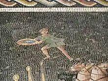 Détail d'une mosaïque figurant un personnage muni d'une bassine