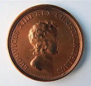 Médaille Louis XIV, émise en commémoration de la prise de Thionville en 1643 par le Grand Condé. Graveur Jean Mauger (1648-1712). Recto.