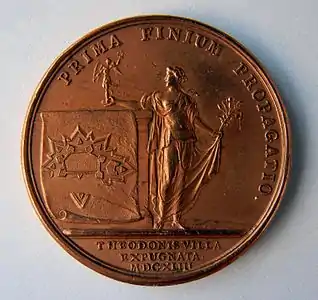 Médaille Louis XIV, émise en commémoration de la prise de Thionville en 1643 par le Grand Condé. Graveur Jean Mauger (1648-1712). Verso.