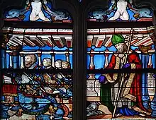 Détail du vitrail de la seconde fenêtre Sud figurant Nicolas d'Anjou-Mézières et ses enfants présentés par saint Nicolas,.