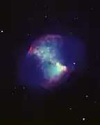 Cette image provient aussi du télescope de 4 m de l'Observatoire de Kitt Peak, mais avec des couleurs rehaussées pour représenter les émissions Hα de l'hydrogène.