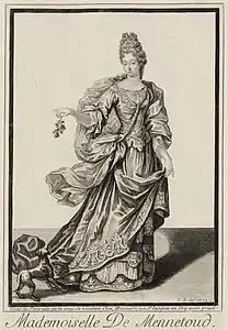 Mlle de Mennetoud, en pied (1695), estampe d'après Robert Bonnart,  Paris, BnF.