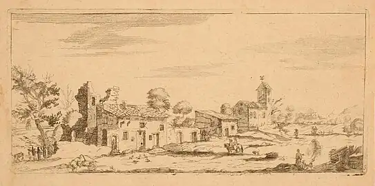 Maisons près de l'église, Nicolas de Son, 1625-1637, estampe à l'eau-forte, Musée des Beaux-Arts de Nancy, Inv. TH.99.15.1142