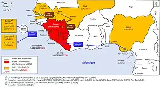 Carte de l'Afrique de l'Ouest indiquant par pays le nombre de cas et de décès et le nombre d'évacuations, cas et décès survenus hors d'Afrique
