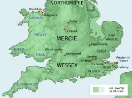 carte de l'Angleterre vers 800, des points rouges indiquent des villes