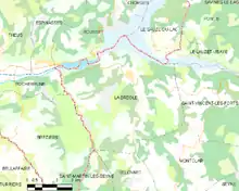 Carte élémentaire montrant les limites de la commune, les communes voisines, les zones de végétation et les routes