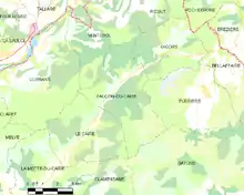 Carte élémentaire montrant les limites de la commune, les communes voisines, les zones de végétation et les routes