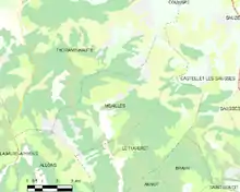 Carte élémentaire montrant les limites de la commune, les communes voisines, les zones de végétation et les routes