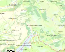 Carte élémentaire montrant les limites de la commune, les communes voisines, les zones de végétation et les routes