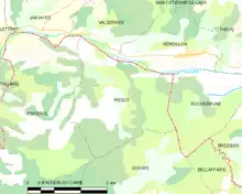 Carte élémentaire montrant les limites de la commune, les communes voisines, les zones de végétation et les routes