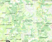 Carte élémentaire montrant les limites de la commune, les communes voisines, les zones de végétation et les routes