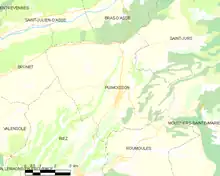 Carte élémentaire montrant les limites de la commune, les communes voisines, les zones de végétation et les routes