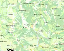 Carte élémentaire montrant les limites de la commune, les communes voisines, les zones de végétation et les routes