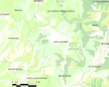 Carte élémentaire montrant les limites de la commune, les communes voisines, les zones de végétation et les routes