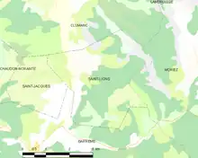 Carte élémentaire montrant les limites de la commune, les communes voisines, les zones de végétation et les routes