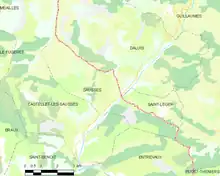 Carte élémentaire montrant les limites de la commune, les communes voisines, les zones de végétation et les routes