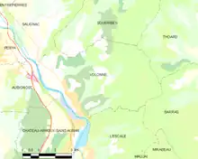 Carte élémentaire montrant les limites de la commune, les communes voisines, les zones de végétation et les routes