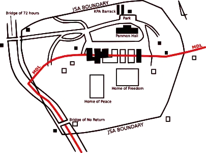 Aujourd'hui, carte du site de la Joint Security Area (la ligne de démarcation est inscrite en rouge).