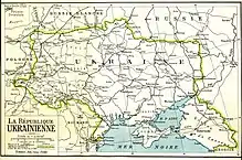 Carte de l'Ukraine présentée à la Conférence de la paix par la délégation de la république ukrainienne (frontières de 1917).