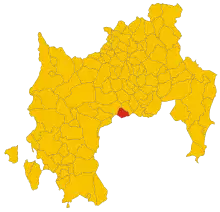 Image en jaune sur fond blanc partagée en morceaux, mettant en évidence en rouge la position de la commune de San Sperate.