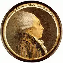 Portrait de profil réalisé en couleur sur le couverle rond d'une tabatière.