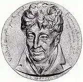 Portrait noir et blanc au trait de la tête d'un homme vu de face.