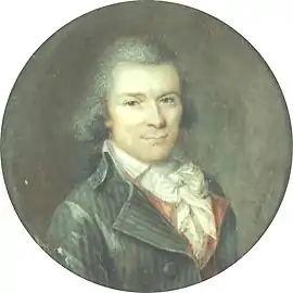 Portrait d'homme en redingote à rayures grises et gilet rouge, vers 1794-1798, miniature, aquarelle sur ivoire, diamètre 5,9 cm (Vienne, Albertina)