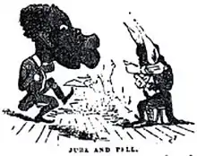 Dessin en noir et blanc montrant un homme noir en costume en train de danser, caricaturé avec une grosse tête, et un autre personnage, représenté avec de grandes oreilles pointues