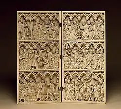 Feuille de diptyque en ivoire avec des scènes de la passion créée par le Maître du diptyque Kremsmünster vers la fin du XIVe siècle (Walters Art Museum, Baltimore, États-Unis).