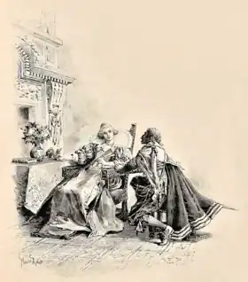 D'Artagnan à genoux devant Milady de Winter. Gravure de Jules Huyot d'après un dessin de Maurice Leloir, 1894.
