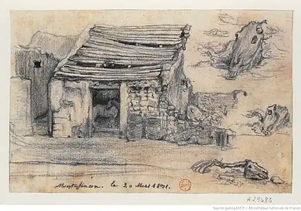 Dessins au crayon représentant un établissement d’équarrissage, les chevaux y attendant leur fin, et leurs cadavres