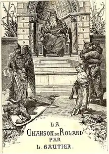 Illustration de la couverture d'une édition de la chanson. Charlemagne surplombe, assis sur un trône en haut de marches, des chevaliers.