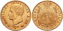 Pièce en or de 40 lires du royaume d’Italie avec le buste de Napoléon, frappée à Milan en 1814, recto/verso.