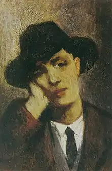 Peinture du visage d'un homme au regard sombre, coiffé d'un chapeau noir, traité en clair-obscur avec des couleurs assez ternes