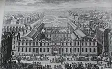 Gravure représentant au premier plan un palais et au second, un jardin.