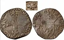 Quart d’écu d’argent frappé à Nantes en 1625 sous l’autorité de Marie Colombu procuratrice générale de François Ollivier, maître de la Monnaie