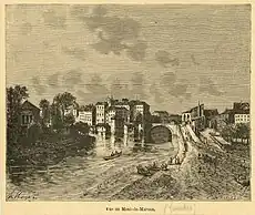Port de Mont-de-Marsan à la fin du XIXe siècle. Batelerie sur les bords de la Midouze. Le pont de l'Hôtel-de-ville, édifié en 1810, est visible en arrière-plan.