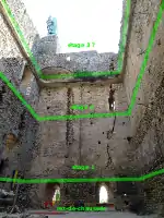 Photographie en couleurs retouchée figurant l'emplacement des planchers disparus d'une tour.