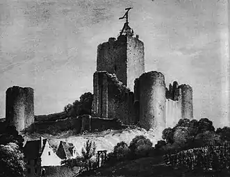 Dessin en noir et blanc d'une tour carrée surmontée d'un mât porteur de bras.