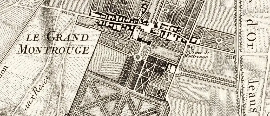 Le Grand-Montrouge sur le plan de Roussel en 1731, et le parc du château de Charles de L'Aubespine. Le château du duc de La Vallière ne sera construit qu'en 1750. L'allée arborée sur la droite est la future rue Louis-Rolland.