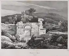 Dessin en noir et blanc d'un monument dont la base se trouve sous l'eau.